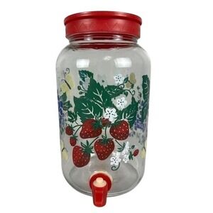 Vintage Gallon Glass Sun Tea Beverage Strawberry Red Lid Fruit Butterfly Pattern